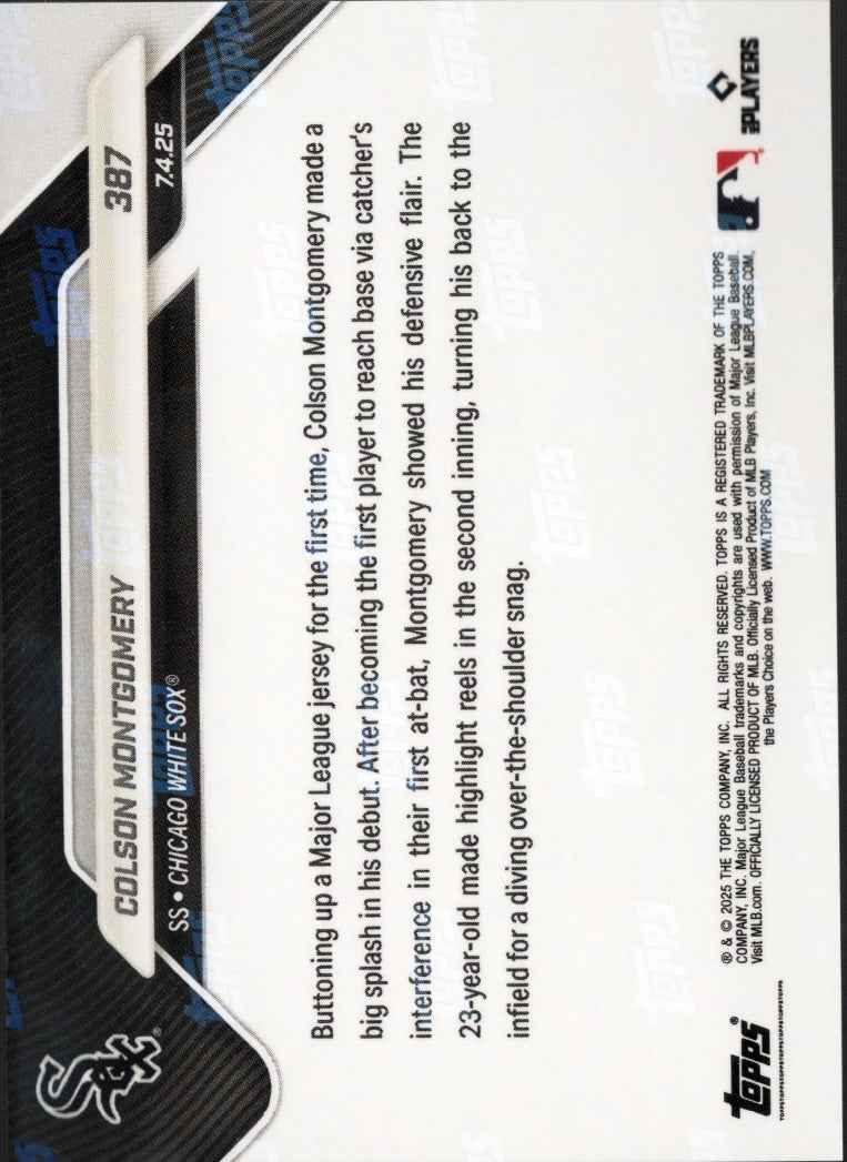 2025 Topps Now Colson Montgomery #387 Black Foil /10 Chicago White Sox Rookie RC Baseball Card