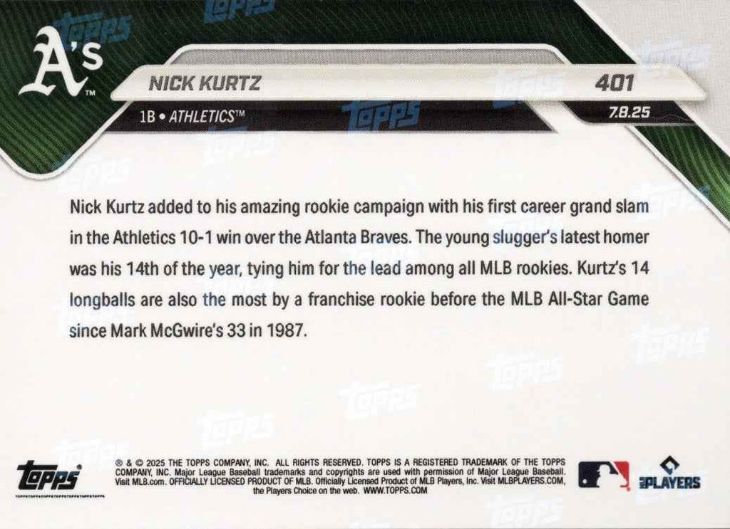 2025 Topps Now Nick Kurtz #401 Orange Foil /25 Athletics Rookie RC Baseball Card