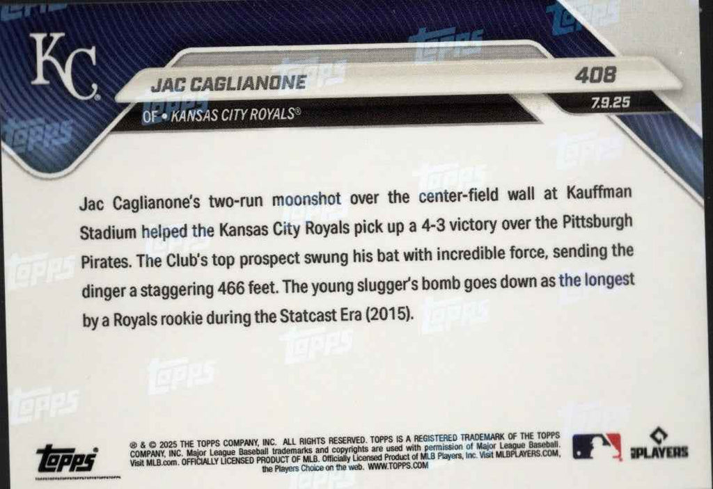 2025 Topps Now Jac Caglianone #408 Gold Foil /50 Kansas City Royals Rookie RC Baseball Card