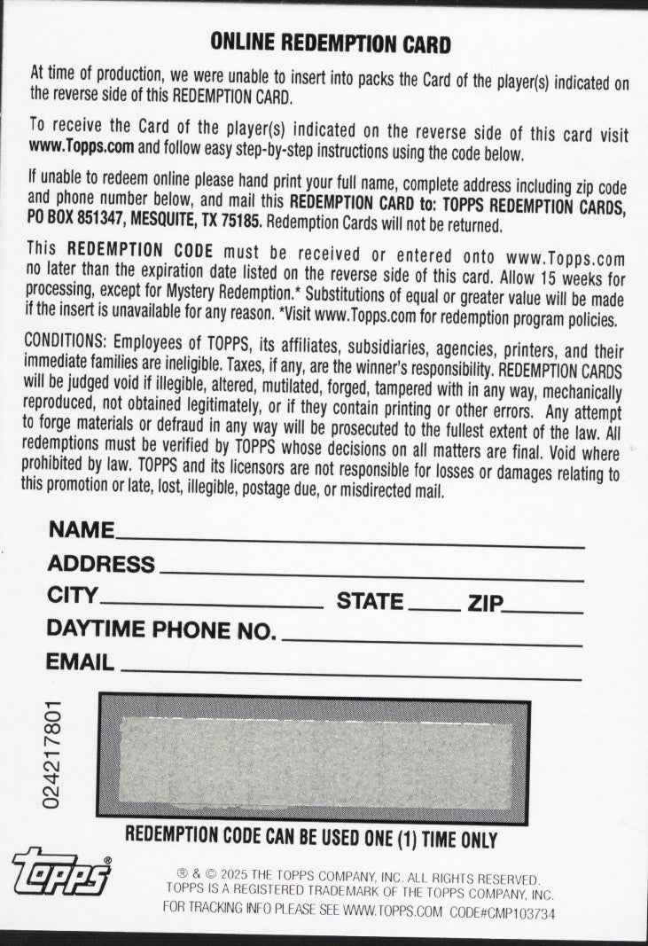 2025 Topps Now Kon Knueppel #D4 Red Auto Redemption /5 Charlotte Hornets Rookie RC Basketball Card