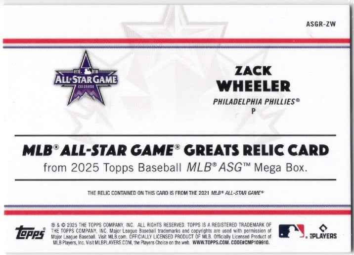 2025 Topps Zack Wheeler #ASGRZW All Star Game Greats Relic Philadelphia Phillies Baseball Card