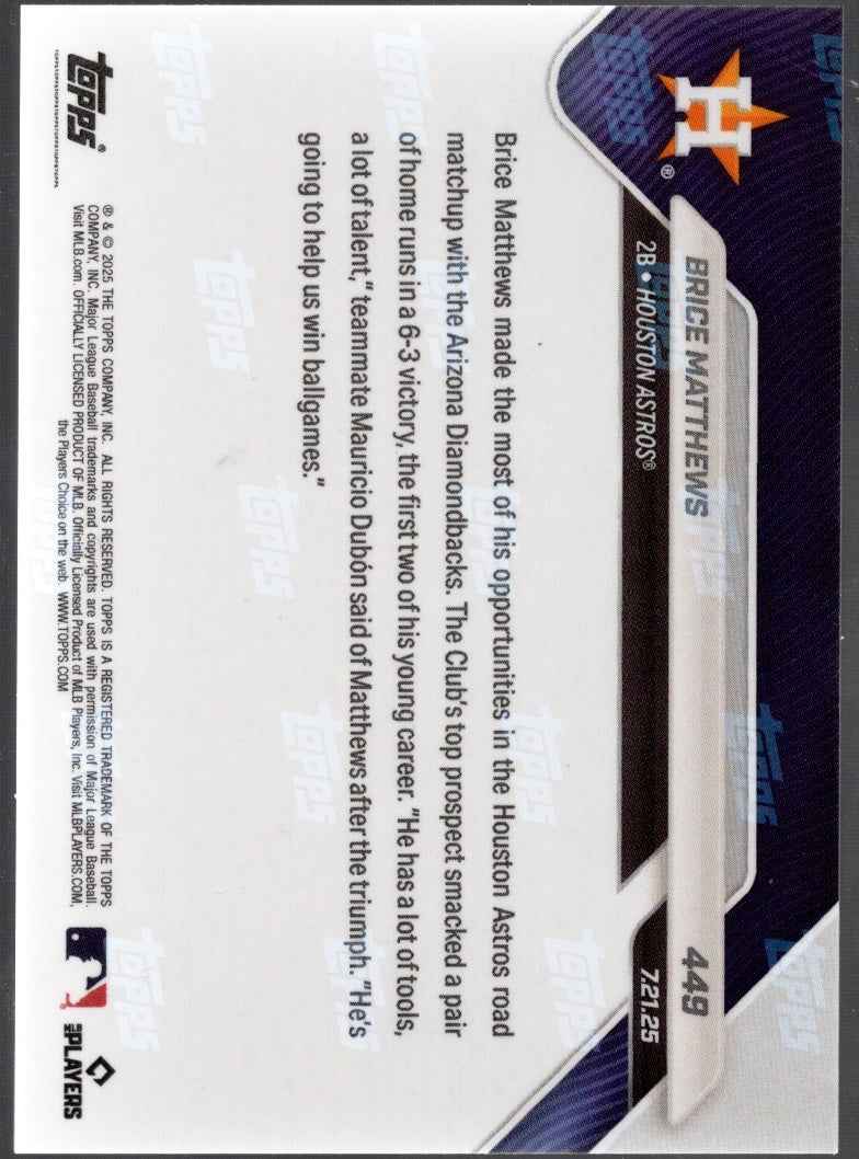 2025 Topps Now Brice Matthews #449 Orange Foil /25 Houston Astros Rookie RC Baseball Card