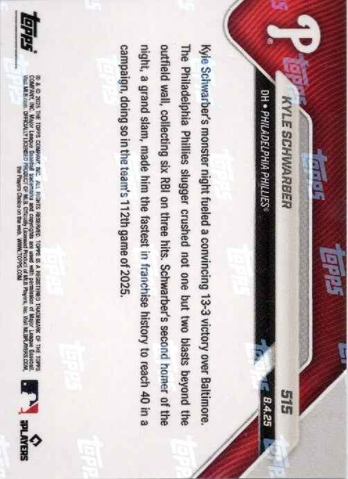 2025 Topps Now Kyle Schwarber #515 Gold Foil /50 Philadelphia Phillies Baseball Card