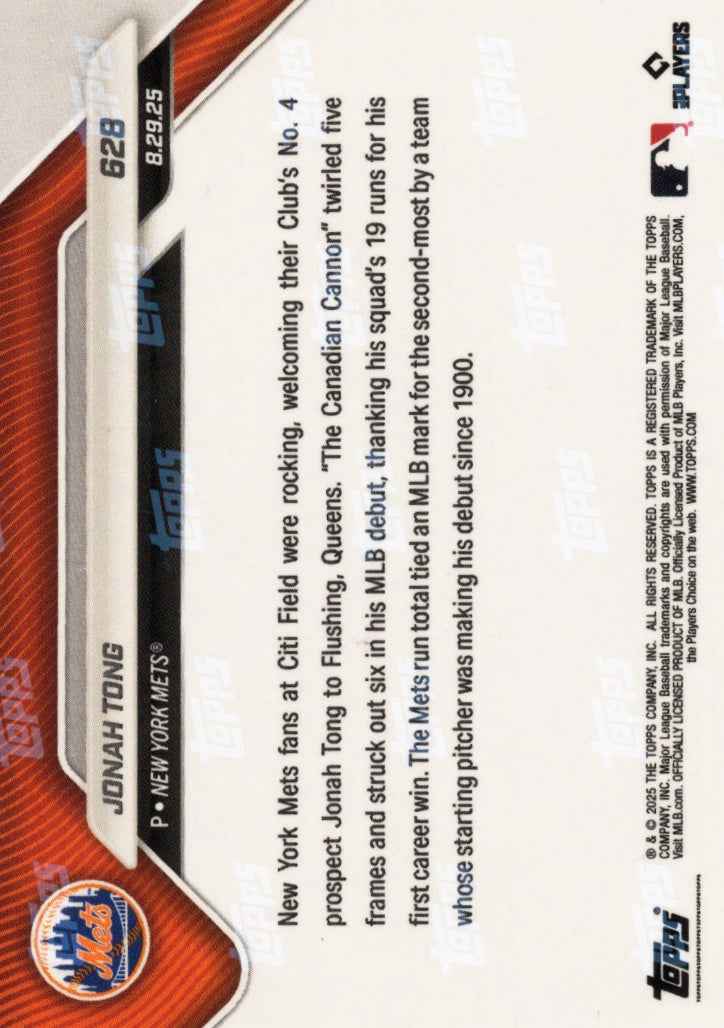 2025 Topps Now Jonah Tong #628 Black Foil /10 New York Mets Rookie RC Baseball Card