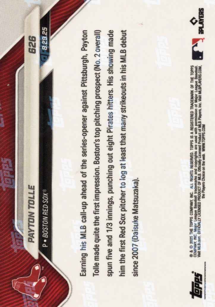 2025 Topps Now Payton Tolle #626 Black Foil /10 Boston Red Sox Rookie RC Baseball Card