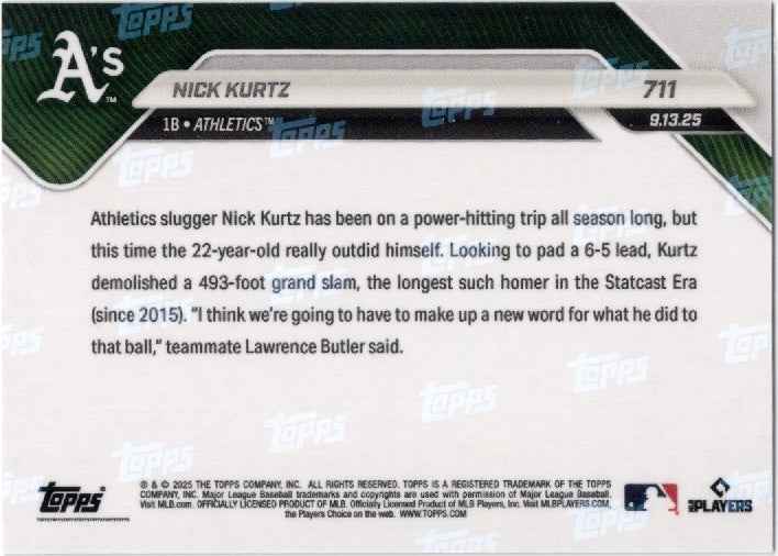 2025 Topps Now Nick Kurtz #711 Black Foil /10 Athletics Rookie RC Baseball Card