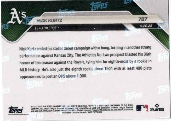 2025 Topps Now Nick Kurtz #787 Gold Foil /50 Athletics Rookie RC Baseball Card