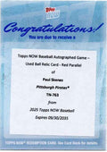 2025 Topps Now Paul Skenes #763 Used Ball Relic Auto Red /5 Redemption Pittsburgh Pirates Baseball Card
