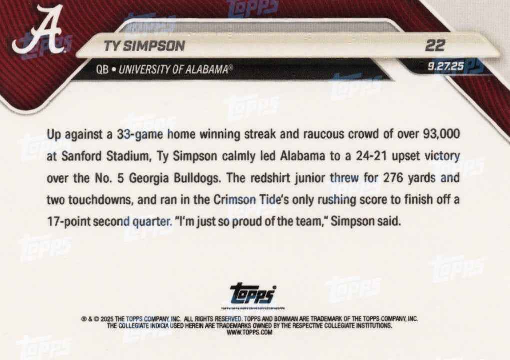 2025 Topps Bowman U Now Ty Simpson #22 Black Foil /10 Alabama Crimson Tide Rookie RC Football Card