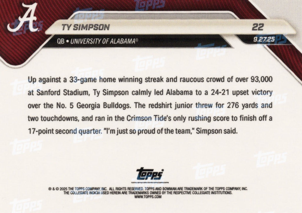 2025 Topps Bowman U Now Ty Simpson #22 Black Foil /10 Alabama Crimson Tide Rookie RC Football Card