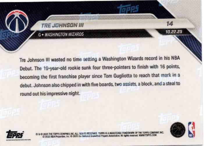 2025 Topps Now Tre Johnson #14 Orange Foil /25 Washington Wizards Rookie RC Basketball Card