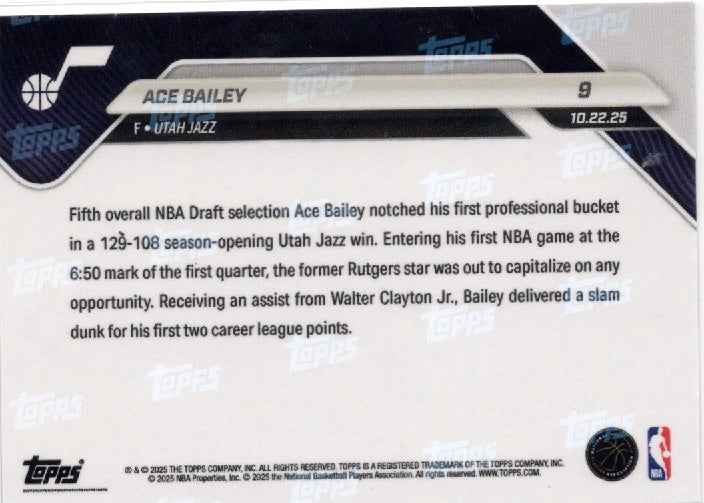 2025 Topps Now Ace Bailey #9 Green Foil /99 Utah Jazz Rookie RC Basketball Card