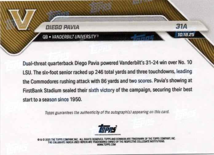 2025 Topps Bowman U Now Diego Pavia #31A Black Auto /10 Vanderbilt Commodores Rookie RC Football Card
