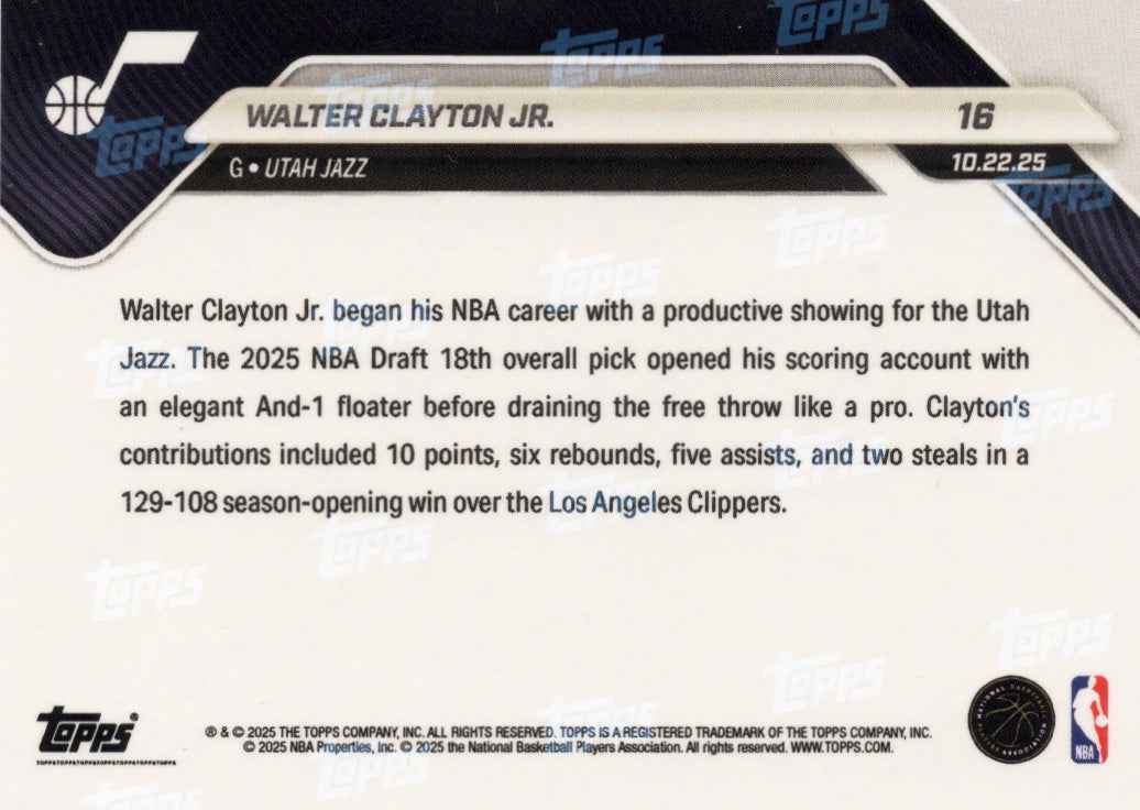 2025 Topps Now Walter Clayton Jr #16 Green Foil /99 Utah Jazz Rookie RC Basketball Card