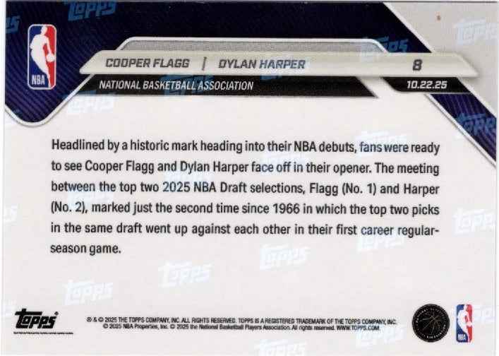 2025 Topps Now Cooper Flagg/Dylan Harper #8 Green Foil /99 Rookie RC Basketball Card