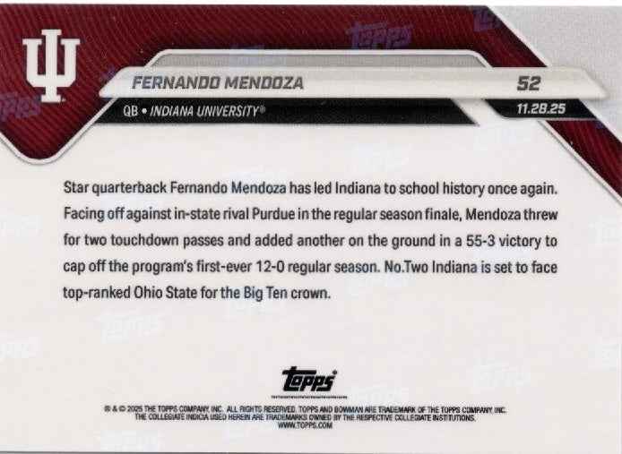 2025 Topps Bowman U Now Fernando Mendoza #52 Orange Foil /25 Indiana Hoosiers Rookie RC Football Card