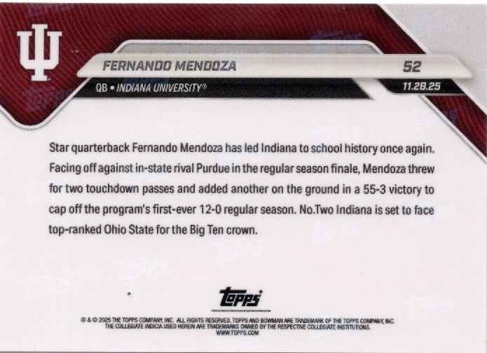 2025 Topps Bowman U Now Fernando Mendoza #52 FoilFractor 1/1 Indiana Hoosiers Rookie RC Football Card