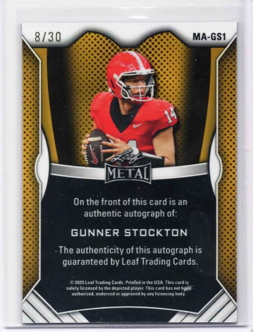 2025 Leaf Metal Gunner Stockton #MAGS1 Blue Shimmer Auto /30 Georgia Bulldogs Rookie RC Football Card