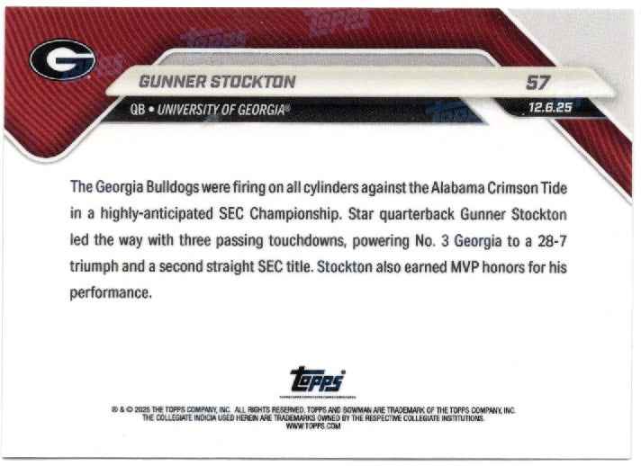 2025 Topps Bowman U Now Gunner Stockton #57 Gold Foil /50 Georgia Bulldogs Rookie RC Football Card