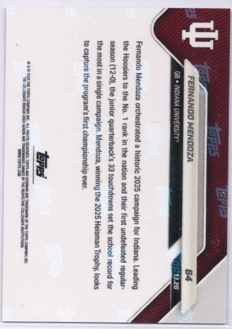 2025 Topps Bowman U Now Fernando Mendoza #64 Gold Foil /50 Indiana Hoosiers Rookie RC Football Card