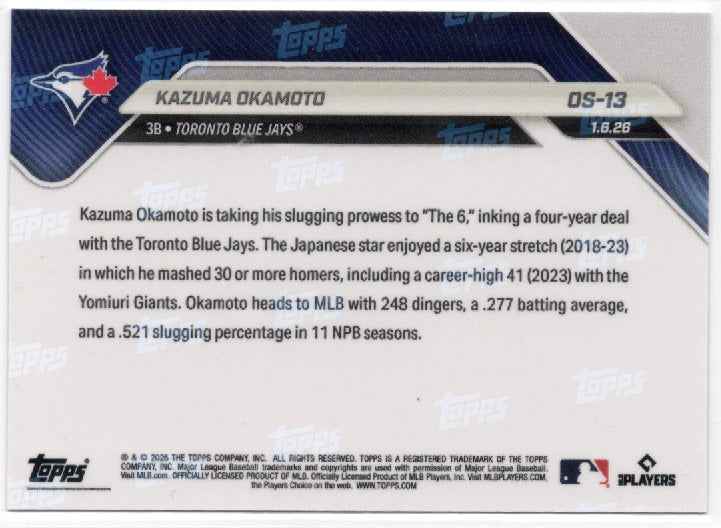 2025 Topps Now Kazuma Okamoto #OS13 Gold Foil /50 Toronto Blue Jays Rookie RC Baseball Card