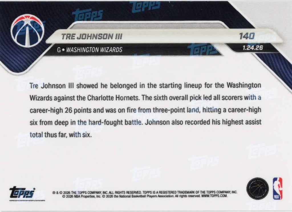 2025 Topps Now Tre Johnson #140 Black Foil /10 Washington Wizards Rookie RC Basketball Card