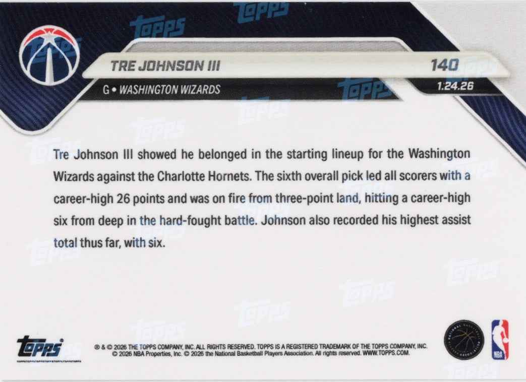 2025 Topps Now Tre Johnson #140 Black Foil /10 Washington Wizards Rookie RC Basketball Card