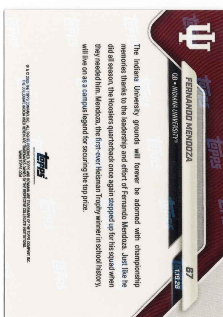 2025 Topps Bowman U Now Fernando Mendoza #67 Gold Foil /50 Indiana Hoosiers Rookie RC Football Card