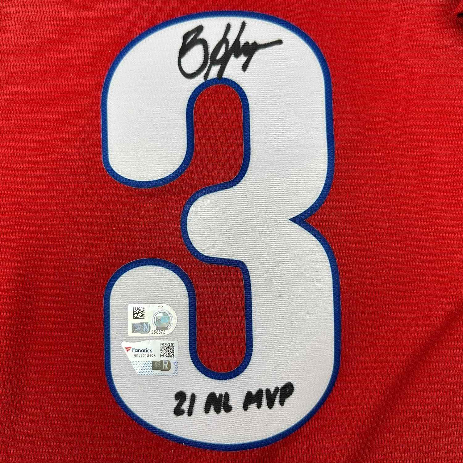 Framed Autographed/Signed Bryce Harper 35x39 21 NL MVP Philadelphia Phillies Red Replica Baseball Jersey Fanatics & MLB COA
