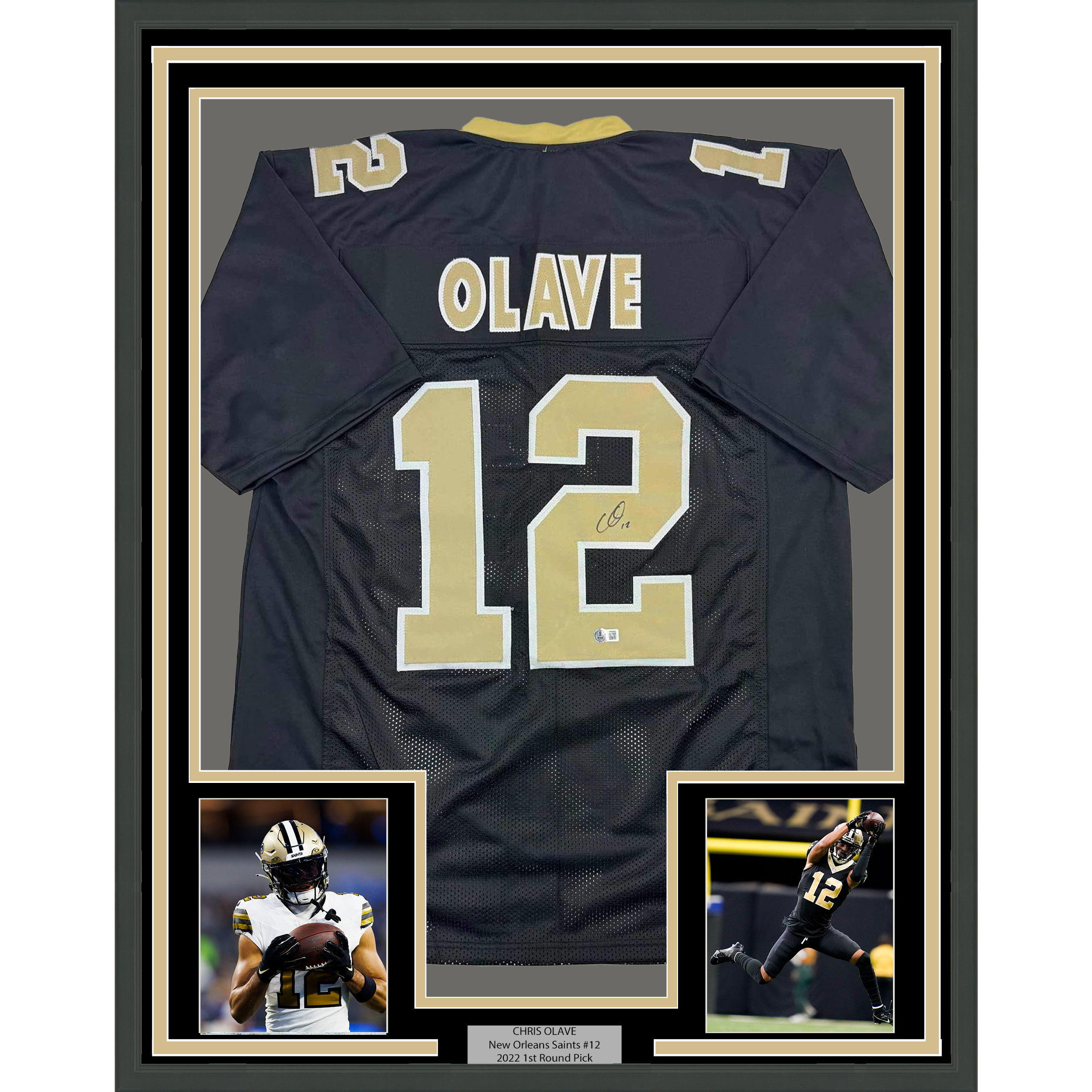 Framed Autographed/Signed Chris Olave 35x39 New Orleans Black Football Jersey Beckett BAS COA