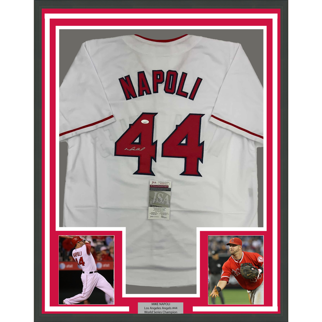 Framed Autographed/Signed Mike Napoli 35x39 Los Angeles LA Anaheim White Baseball Jersey JSA COA