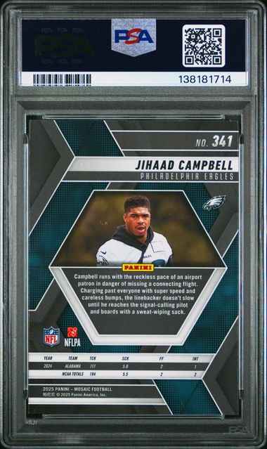 Graded 2025 Panini Mosaic Jihaad Campbell #341 Rookie RC Football Card PSA 10 Gem Mint