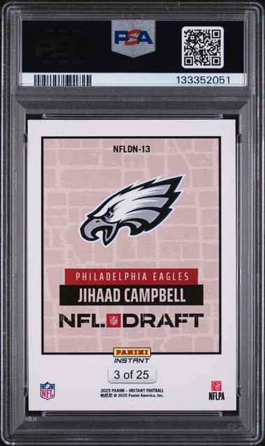 Graded 2025 Panini Instant Draft Night Beige Jihaad Campbell #NFLDN13 /25 Rookie RC Football Card PSA 9 Mint