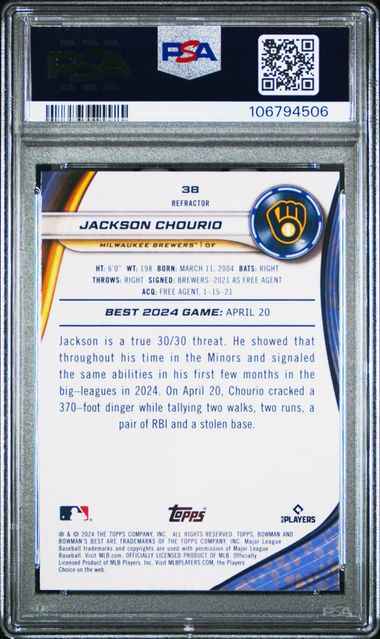 Graded 2024 Topps Bowmans Best Jackson Chourio #38 Refractor Rookie RC Baseball Card PSA 10 Gem Mint