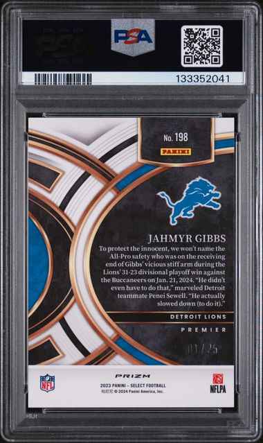 Graded 2023 Panini Select Jahmyr Gibbs #198 1/25 Blue Disco Prizm Rookie RC Football Card PSA 9 Mint