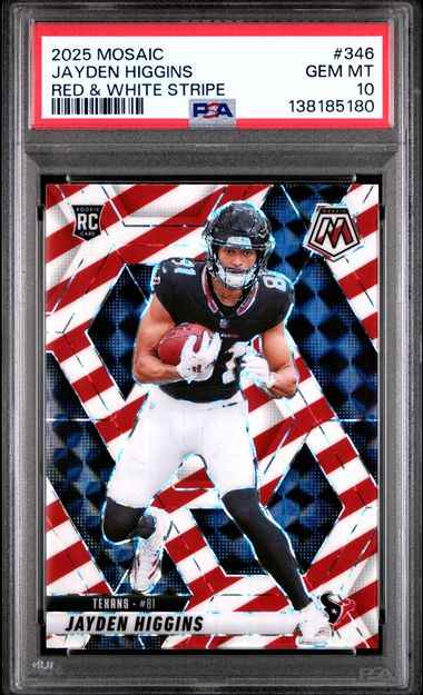 Graded 2025 Panini Mosaic Jayden Higgins #346 Red & White Stripe Rookie RC Football Card PSA 10 Gem Mint