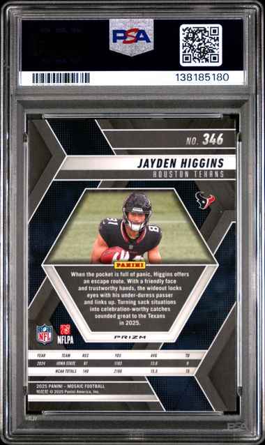 Graded 2025 Panini Mosaic Jayden Higgins #346 Red & White Stripe Rookie RC Football Card PSA 10 Gem Mint