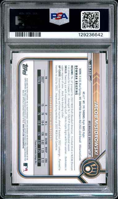Graded 2022 Topps Bowman Draft 1st Edition Jacob Misiorowski #BD132 Rookie RC Baseball Card PSA 10 Gem Mint