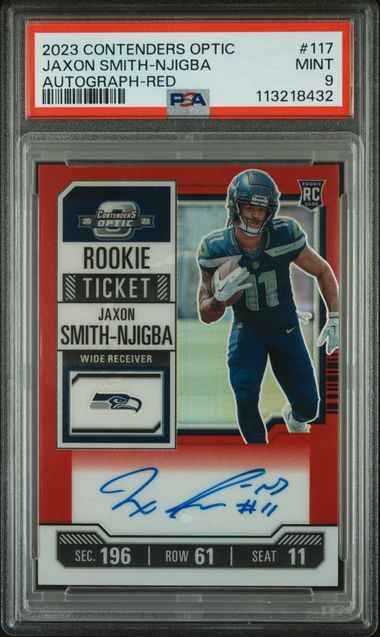 Graded 2023 Contenders Optic Jaxon Smith-Njigba #117 /125 Autograph Red Rookie RC Football Card PSA 9 Mint