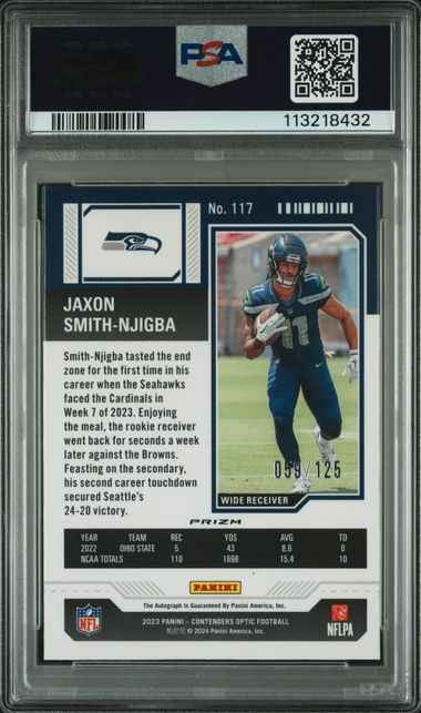 Graded 2023 Contenders Optic Jaxon Smith-Njigba #117 /125 Autograph Red Rookie RC Football Card PSA 9 Mint