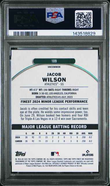 Graded 2025 Topps Finest Jacob Wilson #109 Rookie RC Baseball Card PSA 10 Gem Mint