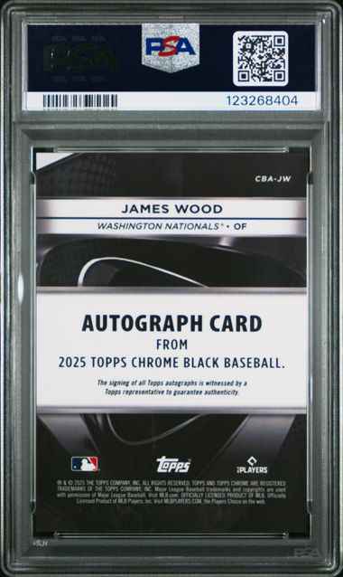 Graded 2025 Topps Chrome Black James Wood #CBA-JW Auto Rookie RC Baseball Card PSA 10 Gem Mint