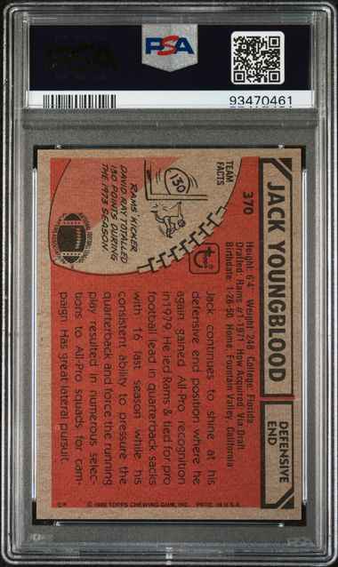 Graded 1980 Topps Jack Youngblood #370 Football Card PSA 5 Excellent
