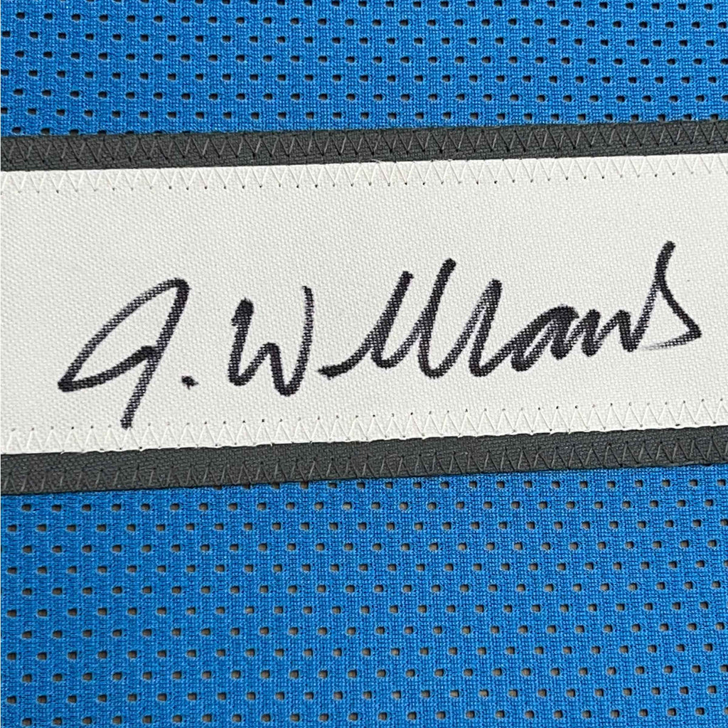Framed Autographed/Signed Jameson Williams 35x39 Detroit Blue Football Jersey JSA COA