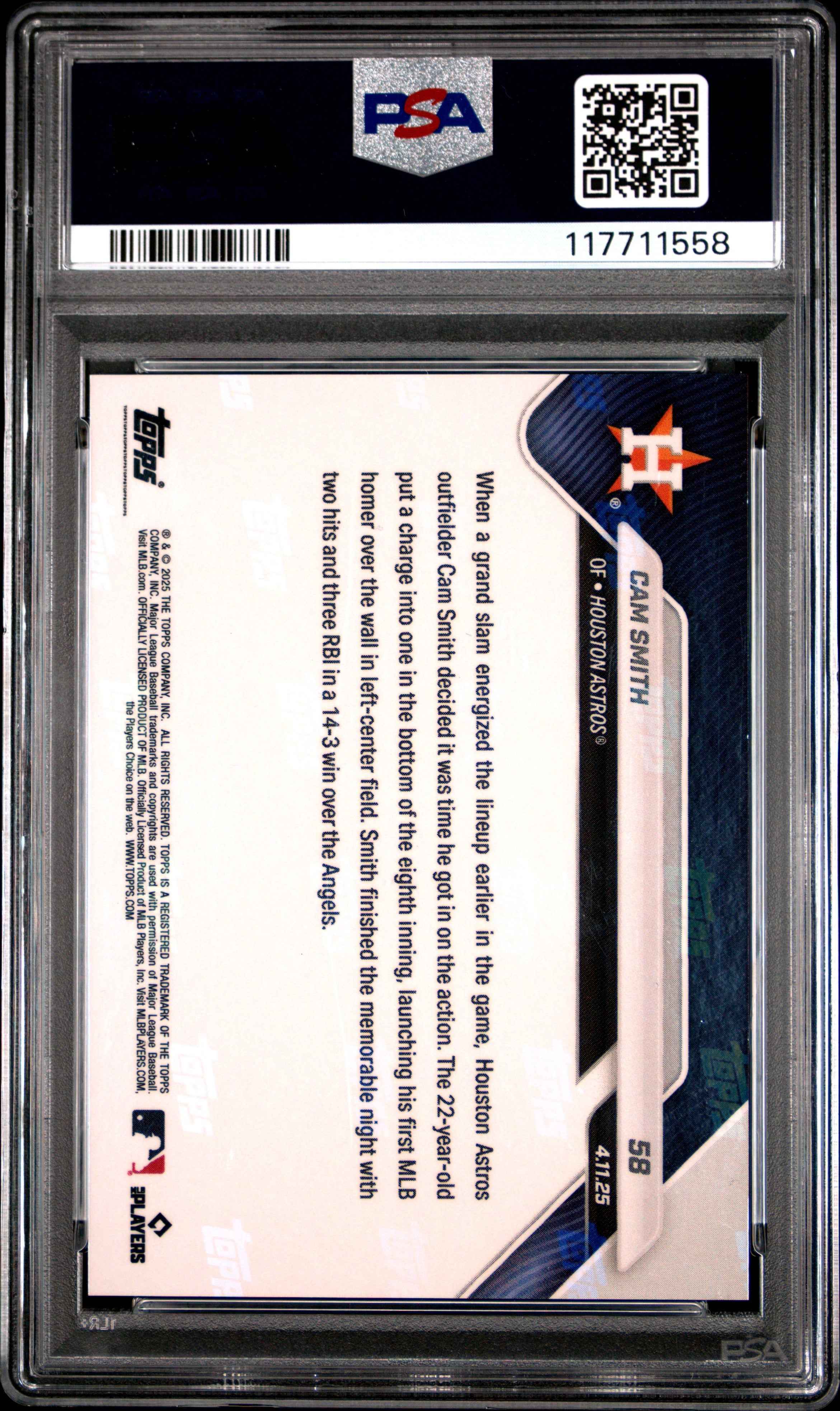Graded 2025 Topps Now Cam Smith #58 Gold Foil /50 Rookie RC Baseball Card PSA 9 Mint