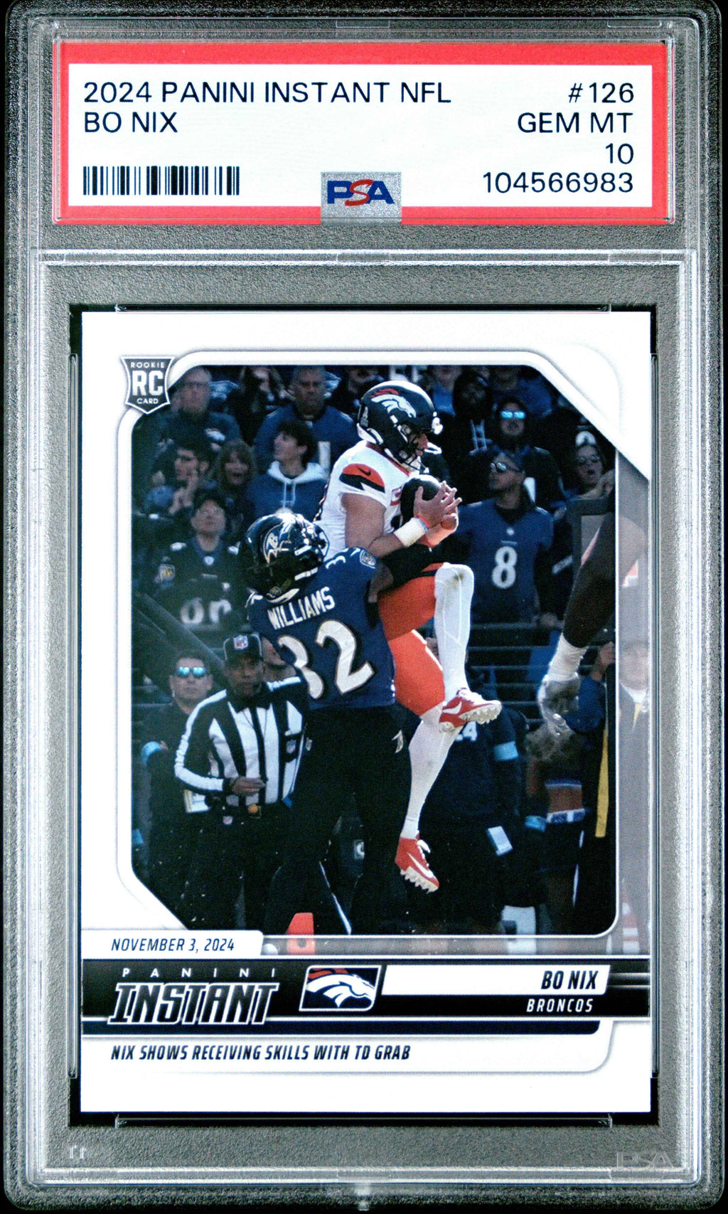 Graded 2024 Panini Instant NFL Bo Nix #126 Rookie RC Football Card PSA 10 Gem Mint