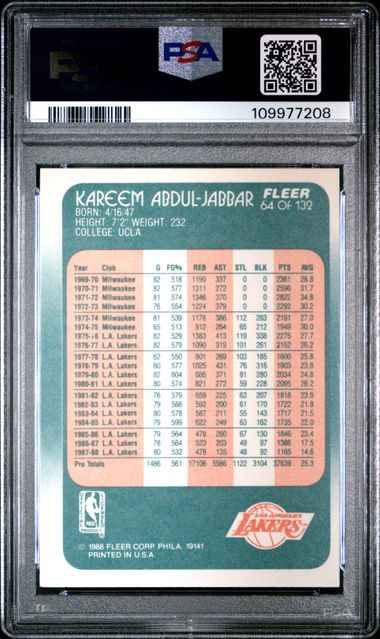 Graded 1988 Fleer Kareem Abdul Jabbar #64 Basketball Card PSA 8 NM-MT