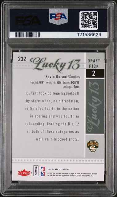 Graded 2007-08 Fleer Ultra Kevin Durant #232 Lucky 13 Rookie RC Basketball Card PSA 9 Mint