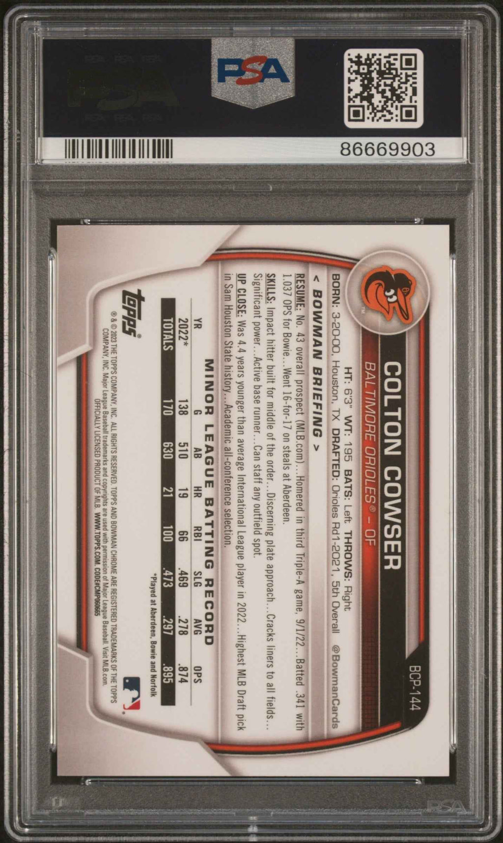 Graded 2023 Topps Bowman Colton Cowser #BCP144 Chrome Prospects Blue Raywave Refractor #/150 Rookie RC Baseball Card PSA 10 Gem Mint