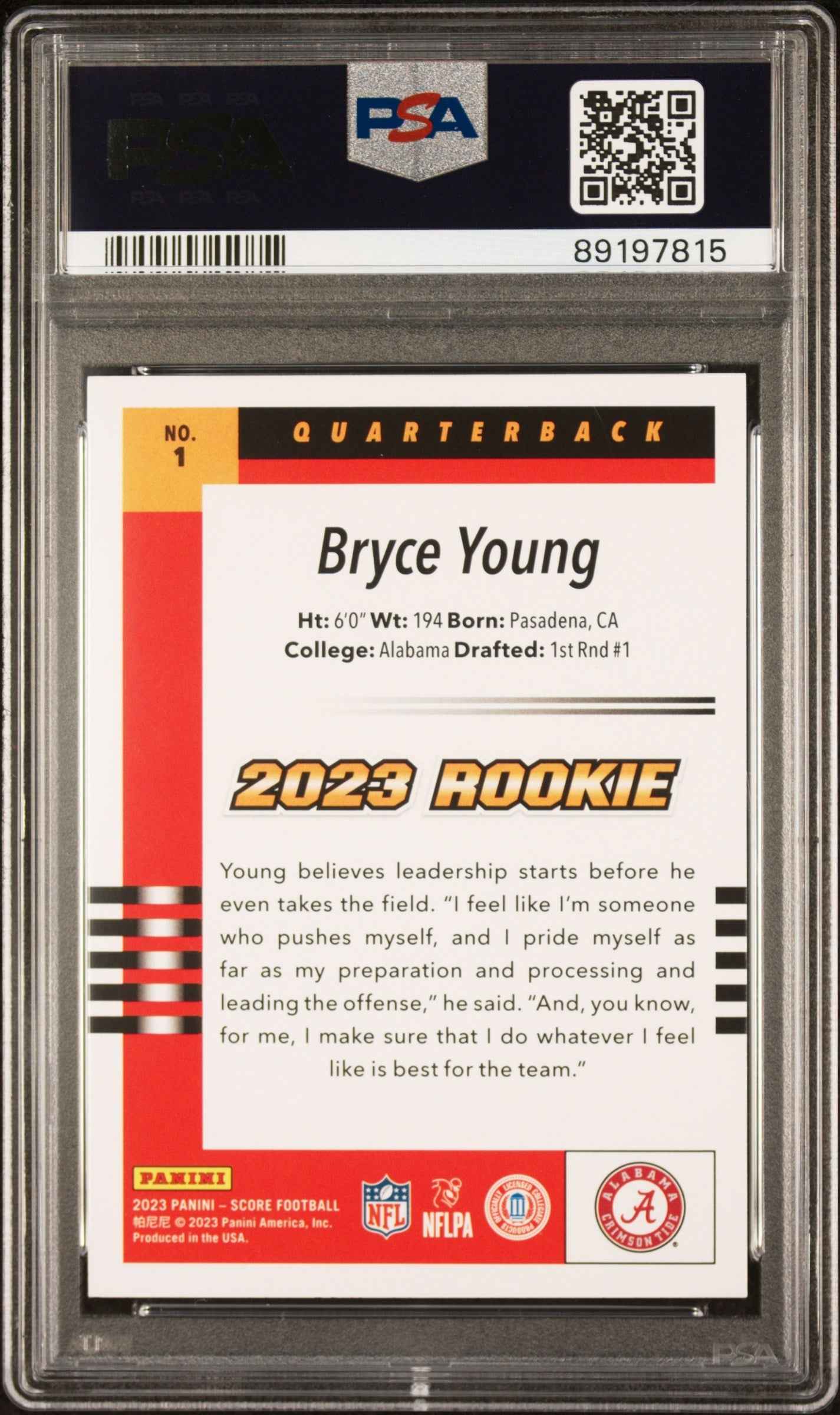 Graded 2023 Panini Score Bryce Young #1 2003 Throwback Rookie Rookie RC Football Card PSA 8 Near Mint